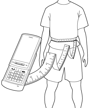 Image d'un téléphone où le fil est un ruban à mesurer, entouré autour de l'estomac d'un homme.