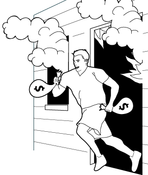 Image d'un homme qui sort d'un édifice en feu avec des sacs d'argent sous les bras.
